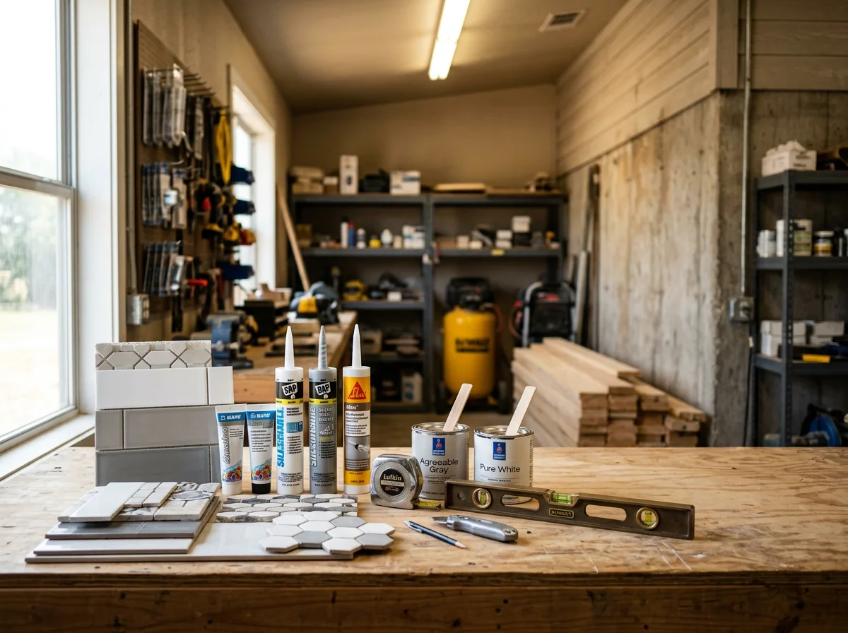 Construction tools and materials arranged on a work surface, representing home remodeling services.
