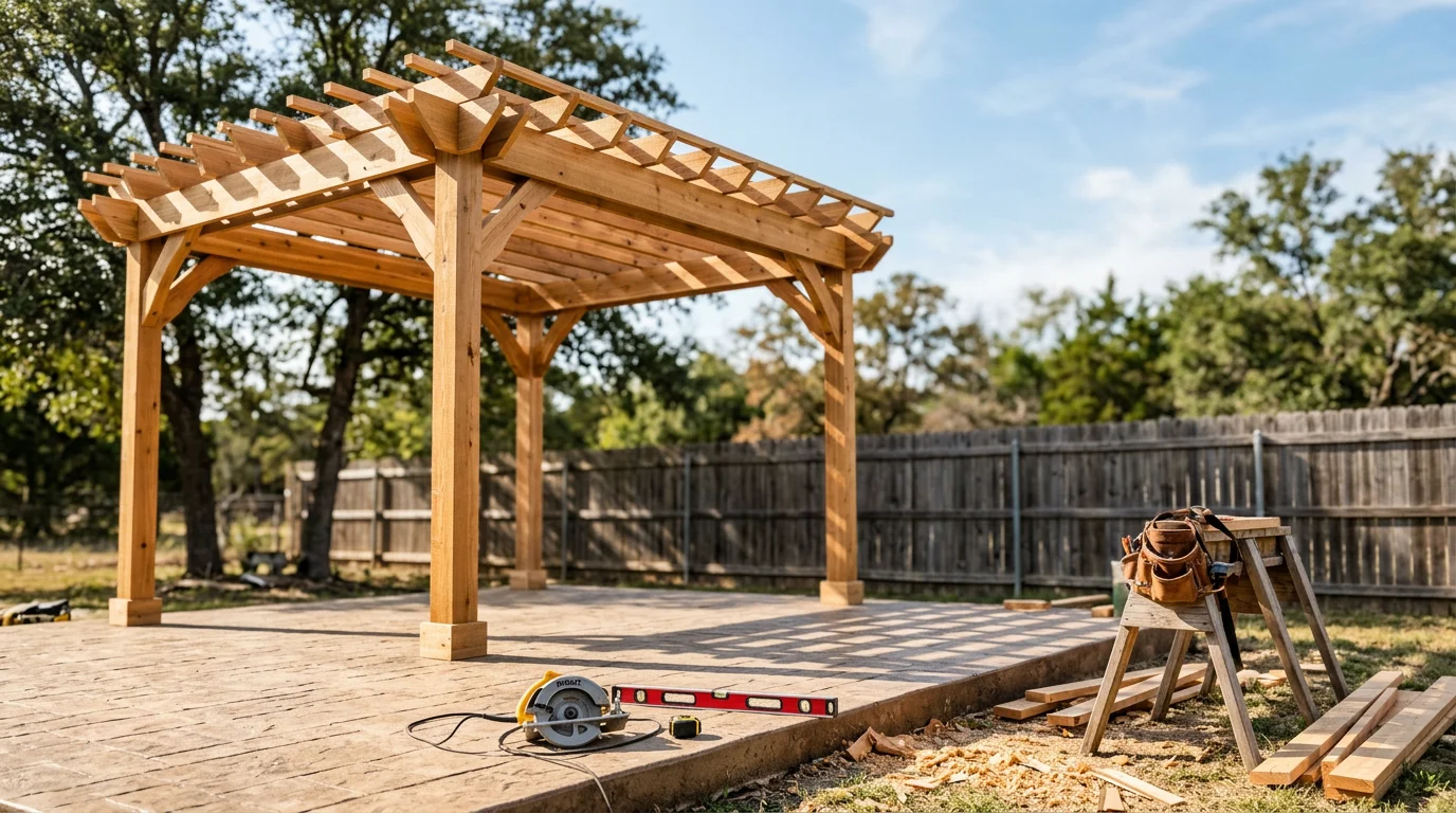 Custom wooden pergola over patio in Dallas backyard