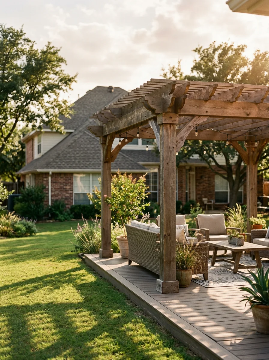 A wood pergola in a Dallas backyard providing shade over an outdoor seating area, with a residential home visible in the background.