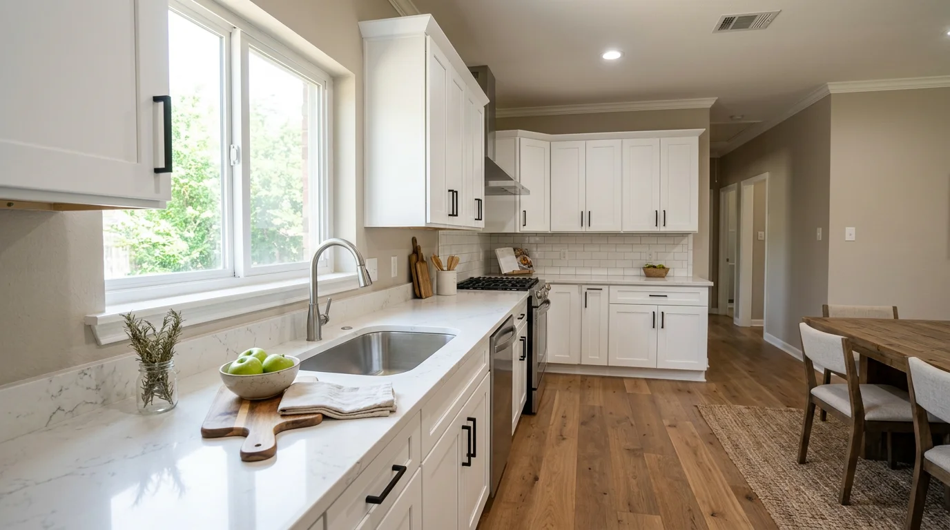 A freshly remodeled kitchen inside a Dallas, TX home, showing new cabinetry, updated countertops, and a clean painted interior.