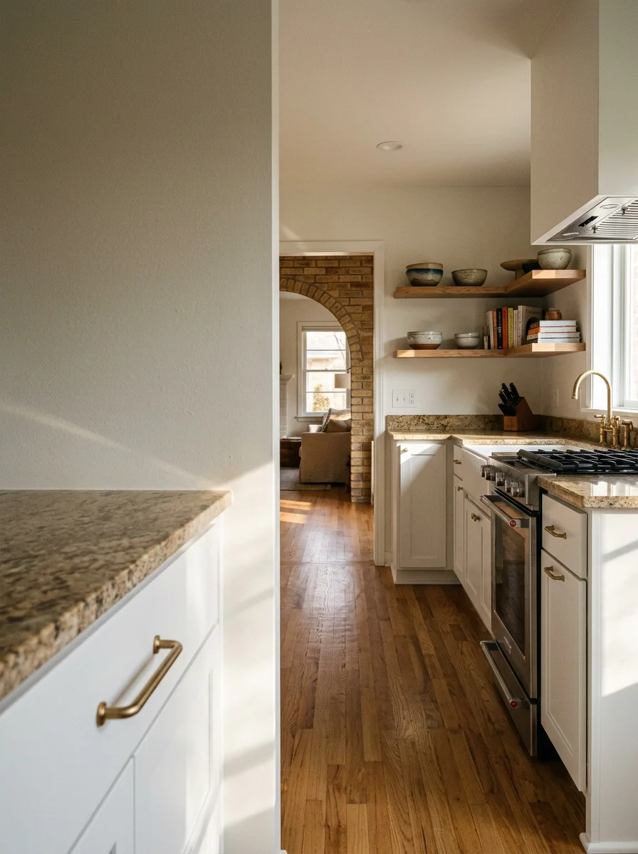 A kitchen remodel in an East Dallas ranch home with new cabinetry, updated countertops, and an open layout connecting to the living area.