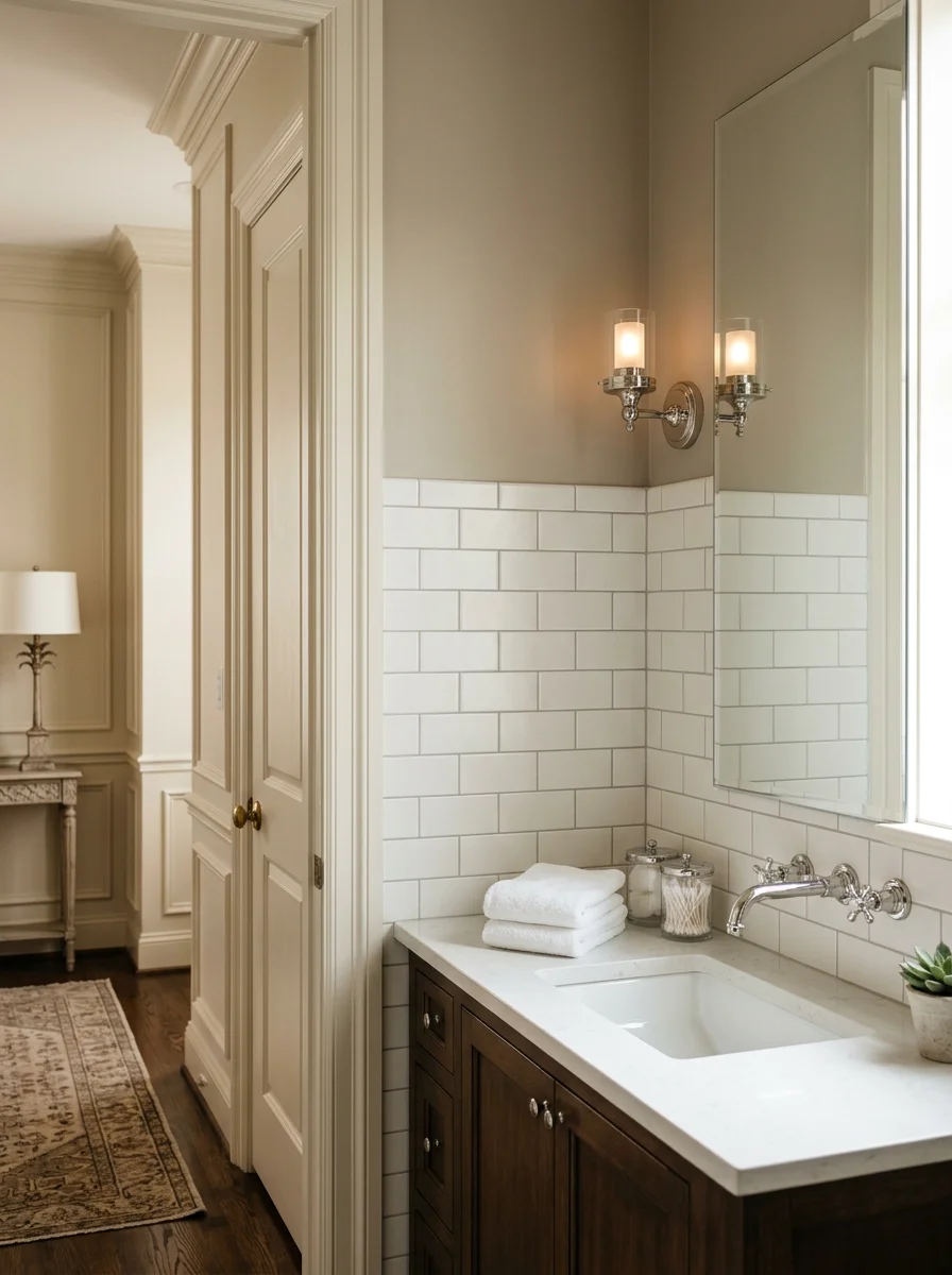 A bathroom remodel in a North Dallas estate home showing new tile, updated fixtures, and a clean painted finish on the walls.
