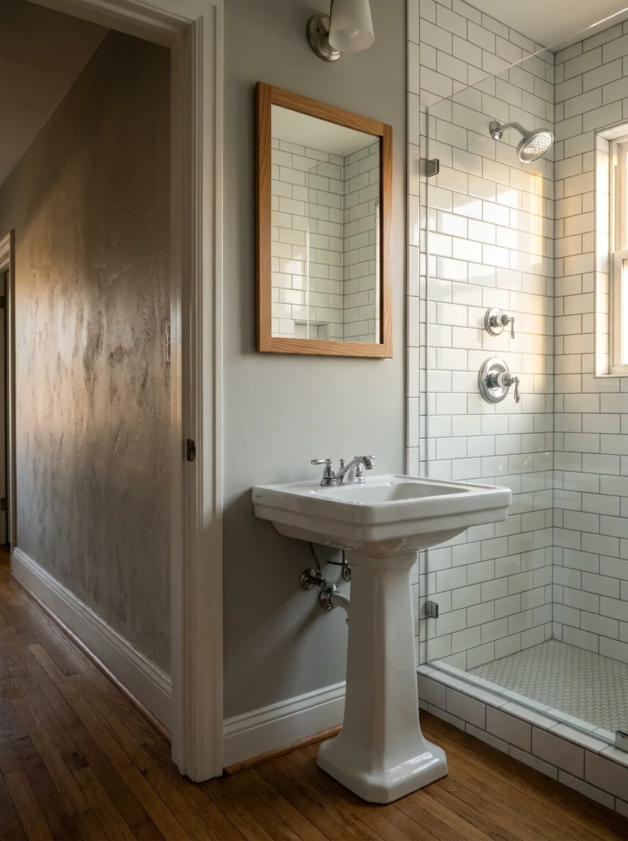 A bathroom remodel in an Oak Cliff mid-century home showing new tile, updated fixtures, and a clean painted finish replacing original worn surfaces.