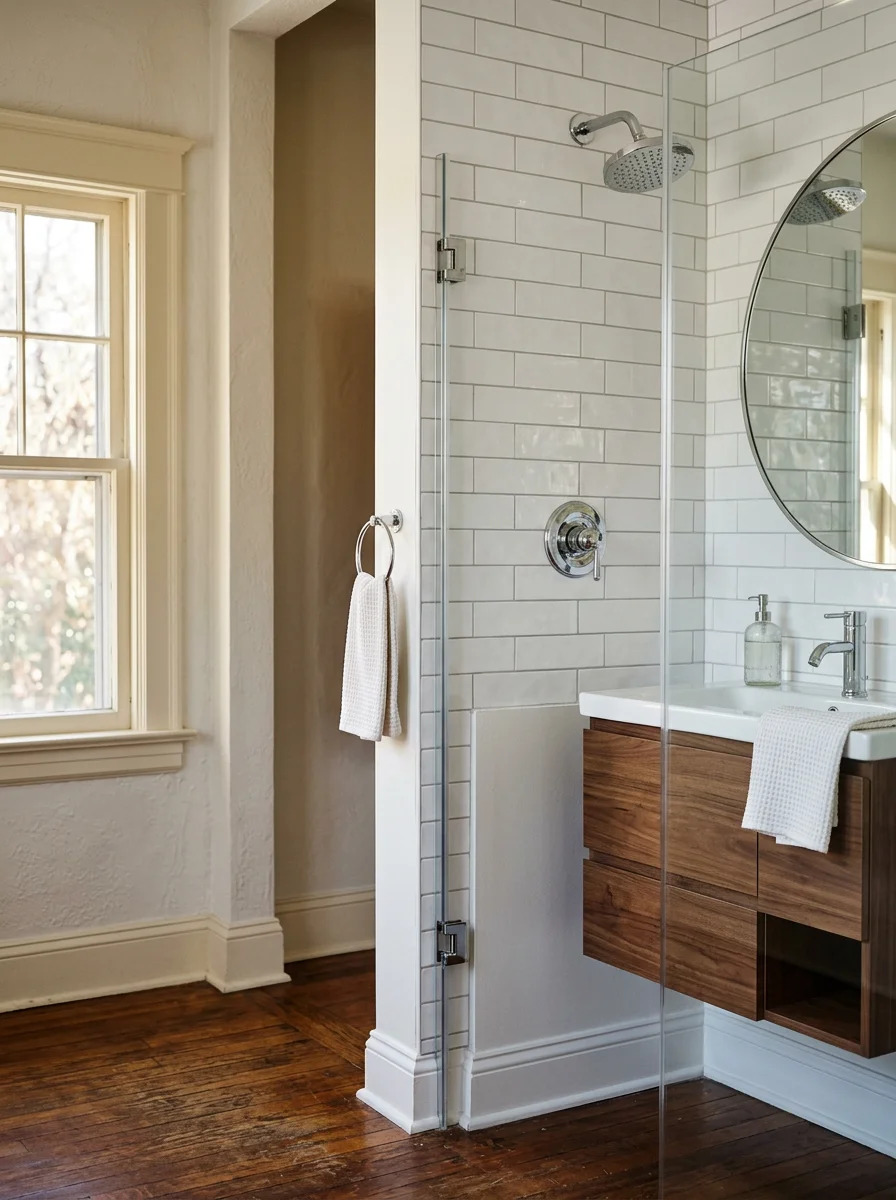 A bathroom remodel in a South Dallas home from the 1940s showing new tile, a modern vanity, and updated fixtures replacing original worn surfaces.