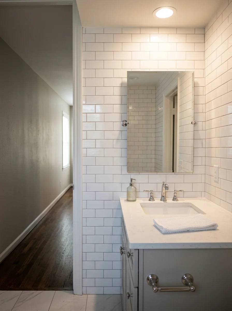 A bathroom remodel in an Uptown Dallas townhome showing new tile, updated fixtures, and a clean painted finish in a small, well-designed space.