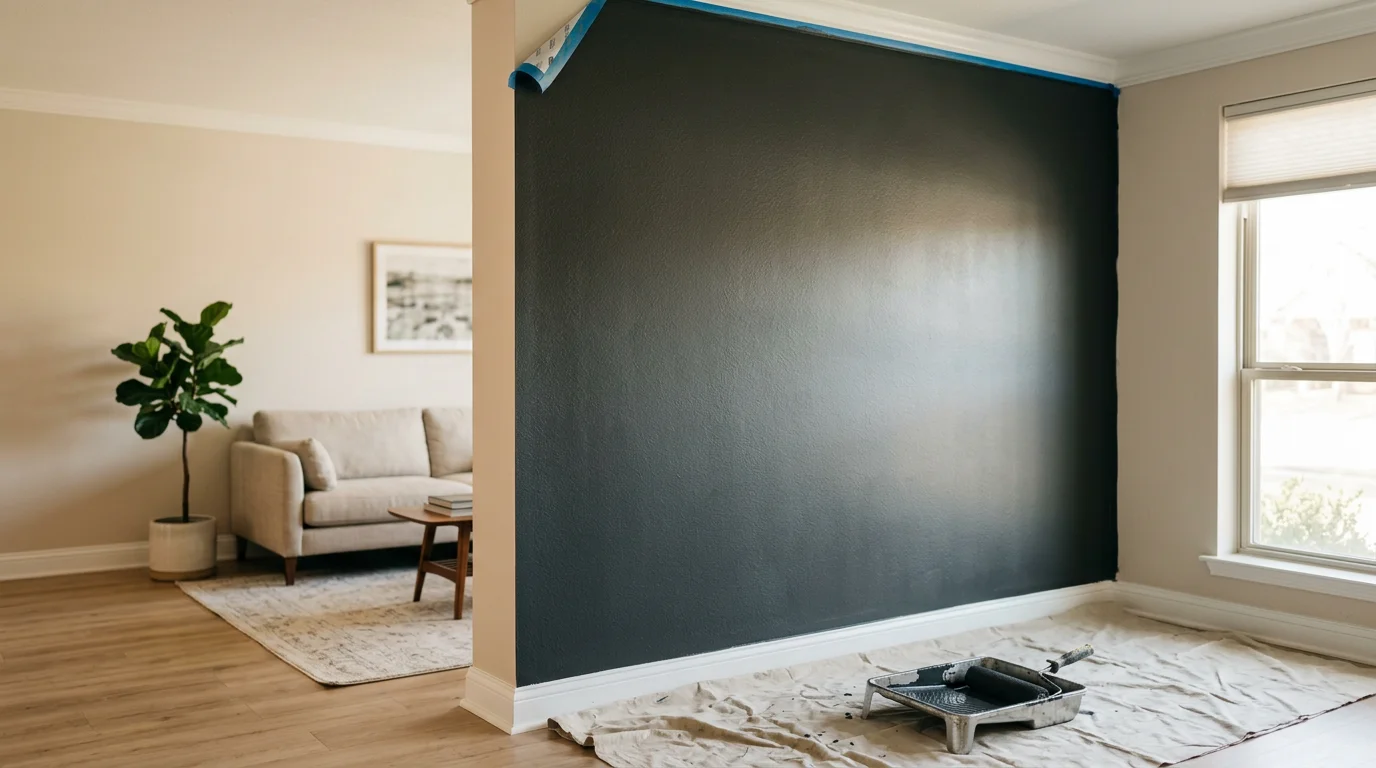 A freshly painted deep-toned accent wall in a Dallas living room, with clean edges where the color meets the adjacent neutral walls. The focal wall sits behind a main seating area, creating a defined visual anchor in an open-plan interior.