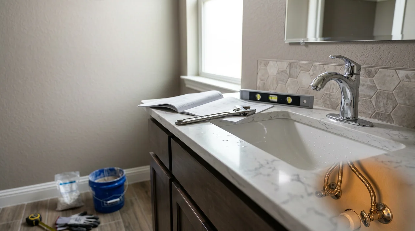 A newly installed bathroom sink and faucet with clean supply line connections in a Dallas home. The fixture sits flush against a finished vanity with no visible gaps or exposed hardware.