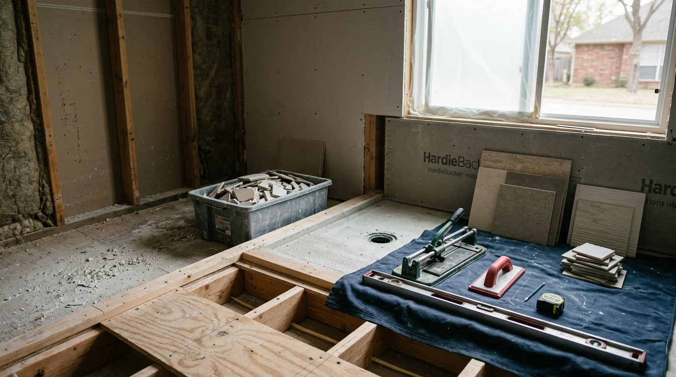 A remodeled bathroom in a Dallas home showing new floor tile, a tiled shower surround, and an updated vanity area. The space reflects a clean, functional layout typical of residential bathroom renovation work in the Dallas area.