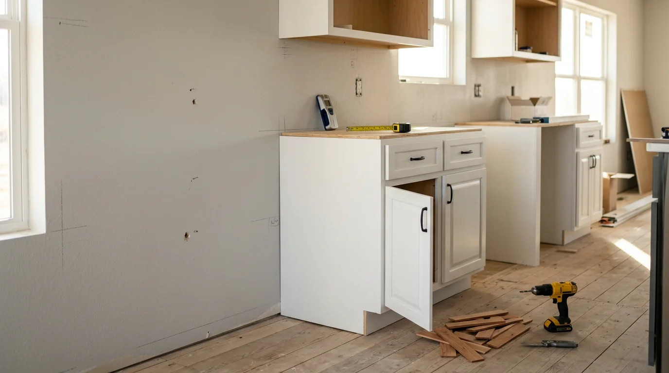 Newly installed kitchen cabinets in a Dallas home, showing upper and lower cabinet runs aligned along a freshly painted wall. Base cabinets sit flush with the floor and wall cabinets are evenly spaced above the countertop area.