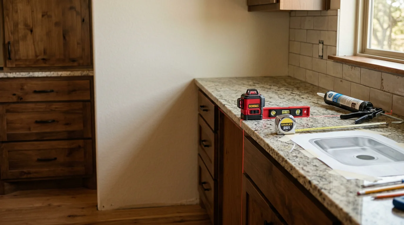 Freshly installed countertop on a kitchen base cabinet in a Dallas home, with clean edge finishing and a fitted sink cutout. The surface is smooth and level against the wall backsplash.