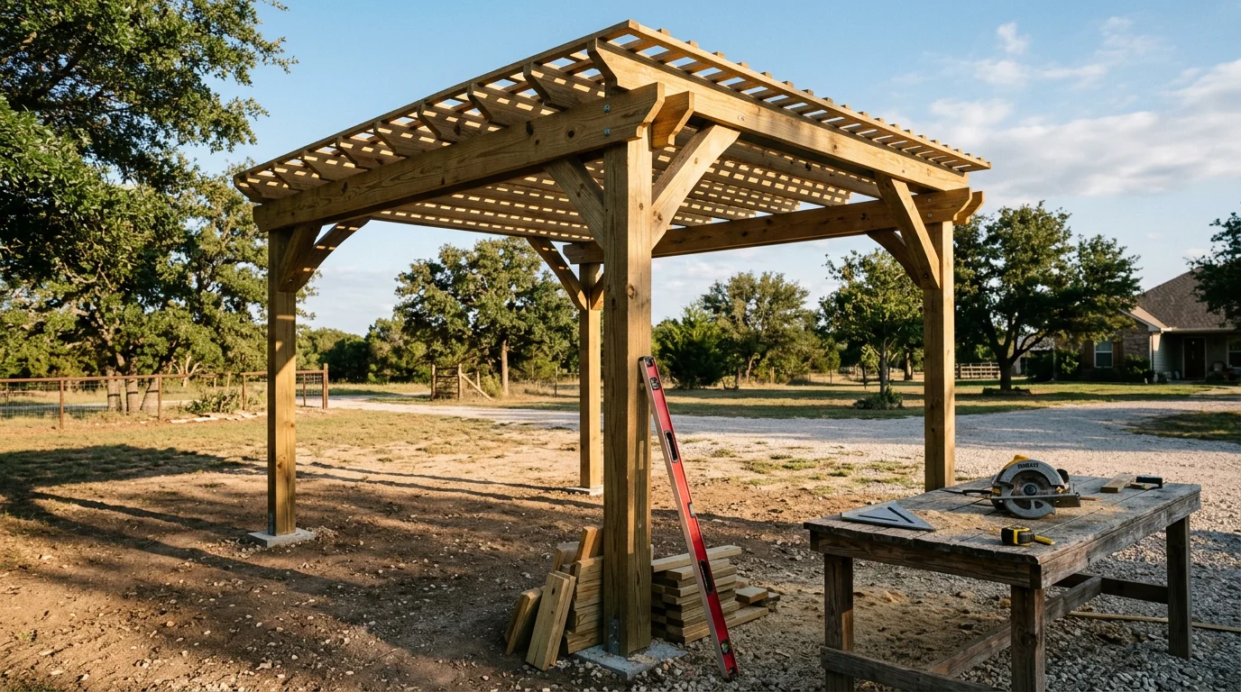 A finished custom outdoor structure attached to a Dallas home, with a defined covered area and open backyard visible under a clear Texas sky. The structure fits the scale of the house and the surrounding yard.