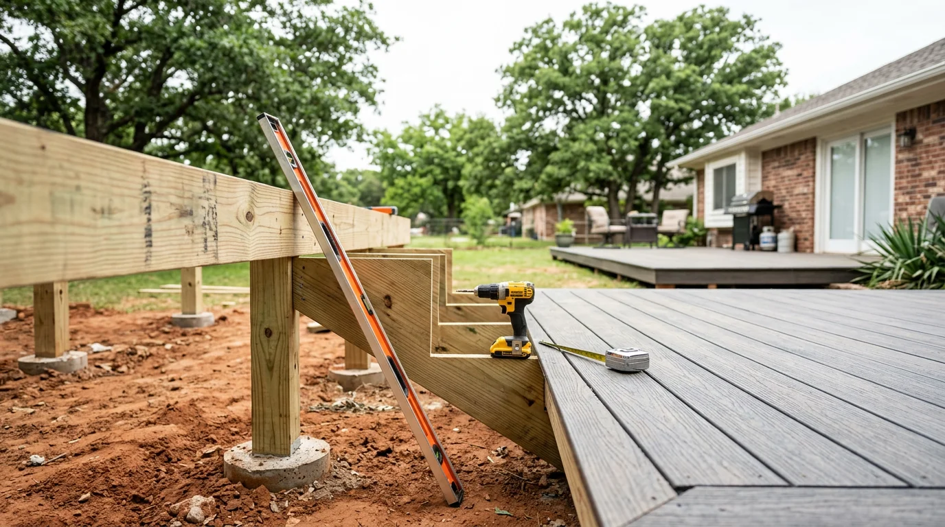 A newly built wood deck attached to the back of a Dallas home, with clean framing and a ground-level patio area extending into the backyard. The structure shows solid post and beam construction suited to a North Texas residential property.