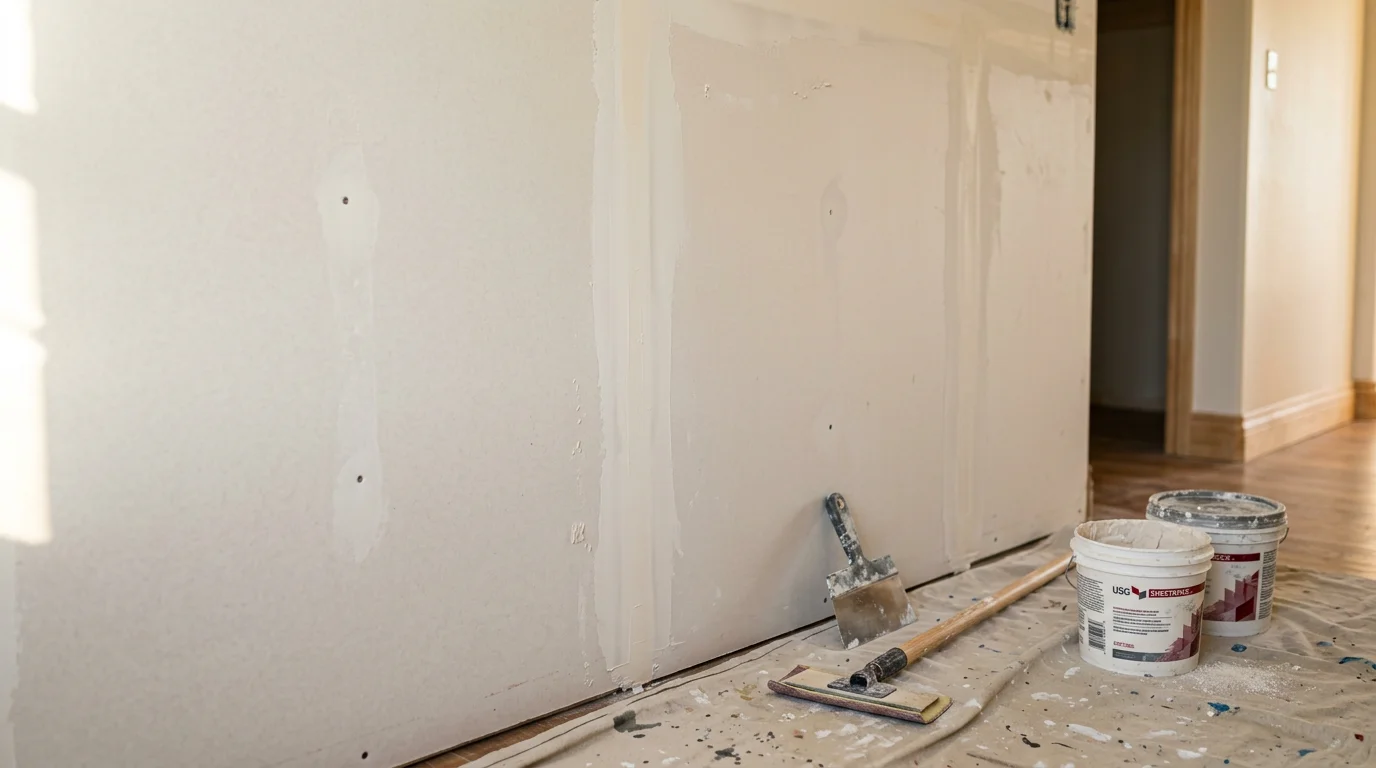 A freshly finished drywall wall in a Dallas home interior, showing smooth, sanded surfaces with no visible seams, ready for primer and paint. Close-up view of a clean, level wall corner with consistent texture throughout the room.