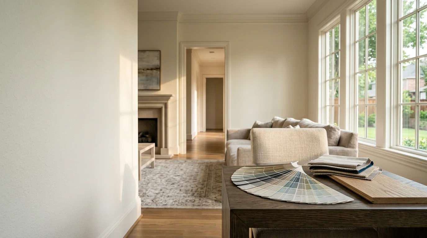 A Dallas homeowner and a consultant reviewing paint color options in a bright living room with natural light coming through large windows. The room shows existing furniture and flooring used as reference points during the color selection process.