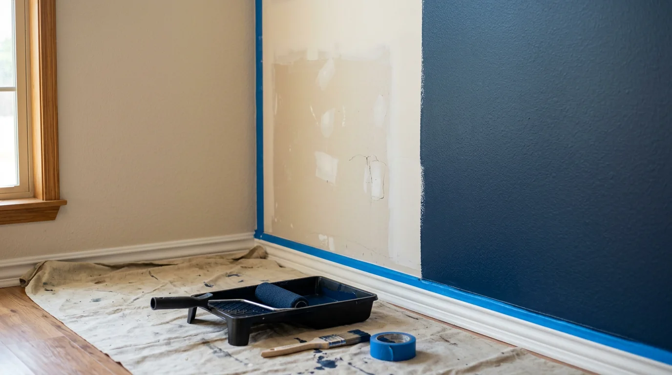 Freshly painted interior living room walls with clean trim and baseboards in a Dallas home. The room shows smooth, even coverage with no visible brush marks or surface imperfections.