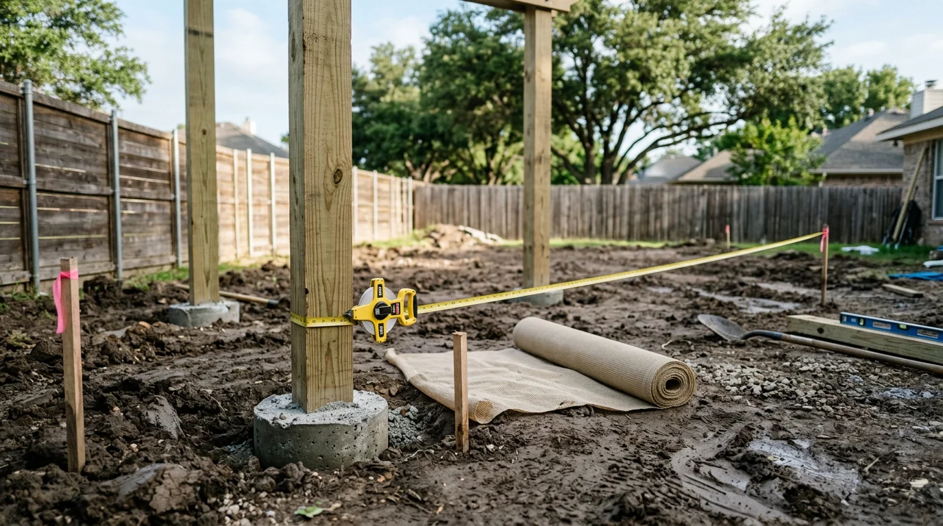 A detailed outdoor structure design plan laid out for a Dallas backyard, showing shade placement and layout relative to the home. The design reflects the open yard space and sun angles typical of a North Texas residential property.