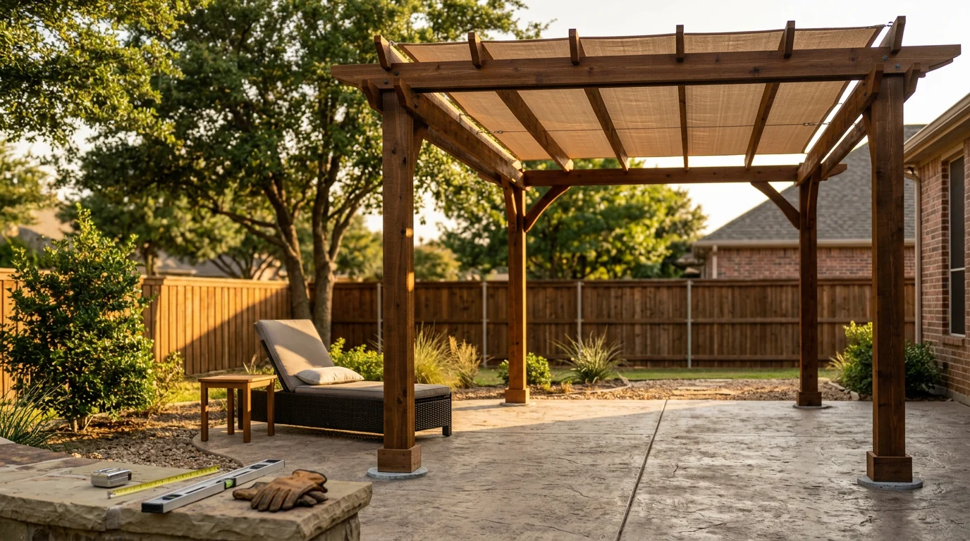 A finished patio shade structure installed over a concrete backyard patio in Dallas, Texas. The structure provides full overhead coverage and casts even shade across the seating area on a bright afternoon.