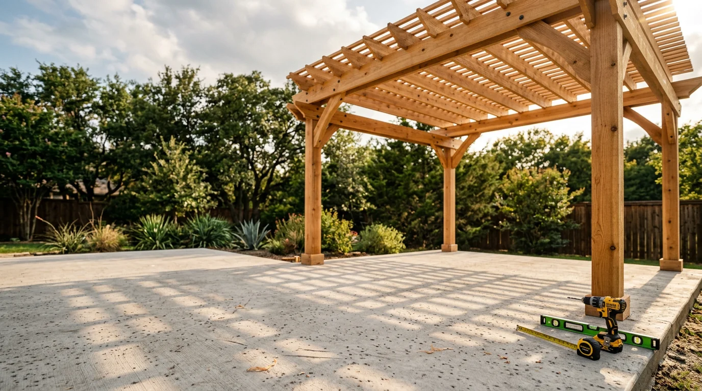 A newly installed freestanding pergola in a Dallas backyard, providing overhead shade structure above a concrete patio with open yard space visible in the background. The pergola posts are set in a level yard typical of a Dallas residential property.
