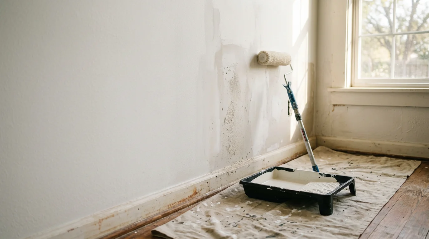 A freshly painted bedroom in a Dallas home showing smooth, even walls in a neutral tone with clean trim lines. The room is bright and clear with no visible brush marks or lap lines.